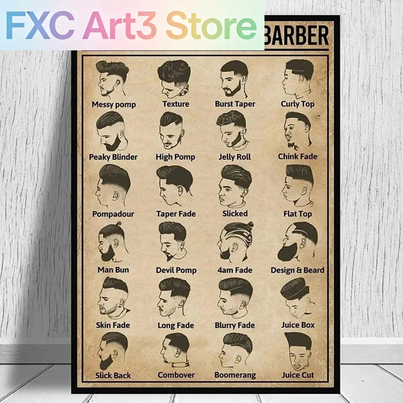 Home Barbershop - Безрамный постер с изображением ретро-причесок и